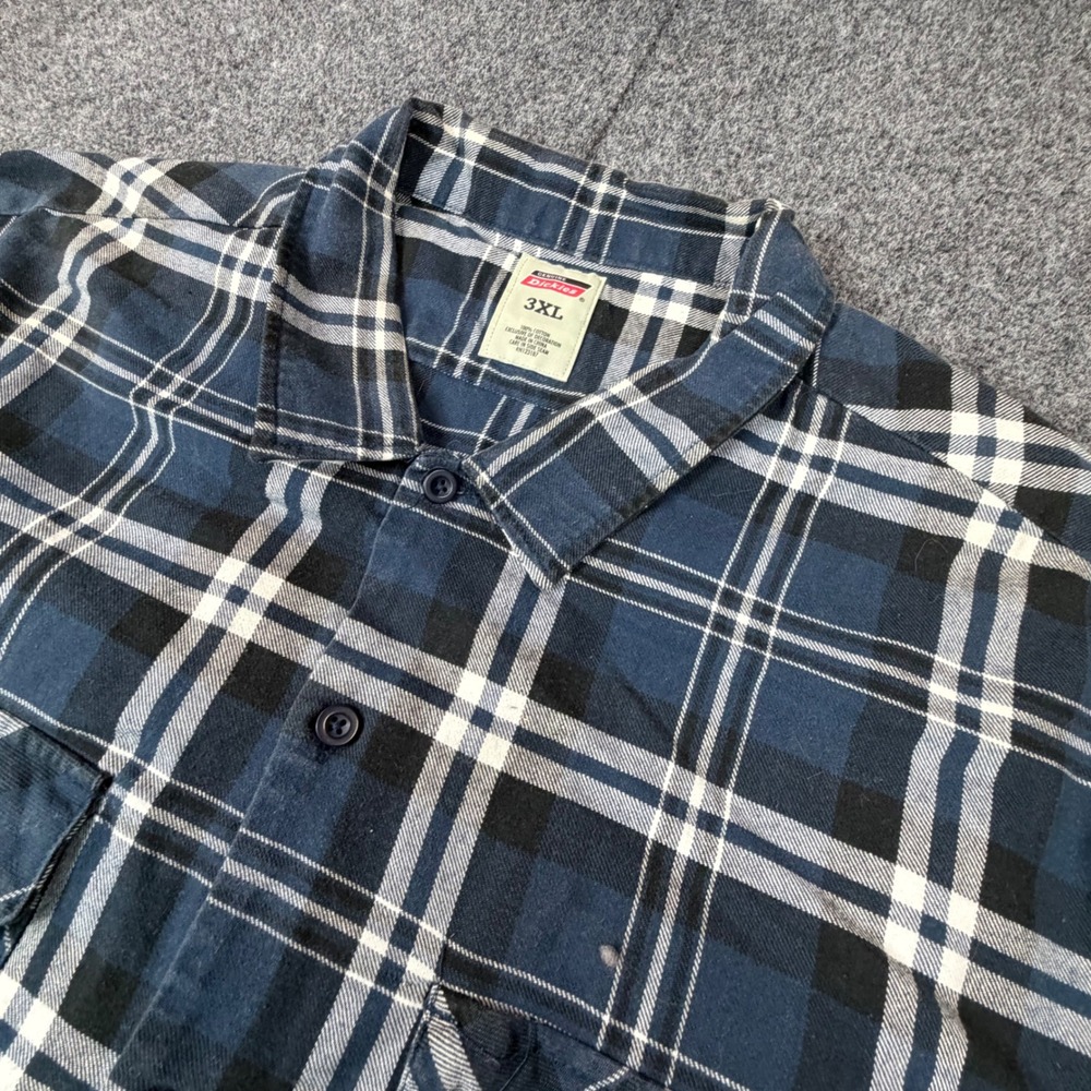 Genuine‎ Dickies Mens 3XL Blue Plaid Short Sleeve Button Up Work Shirt Raw Hem